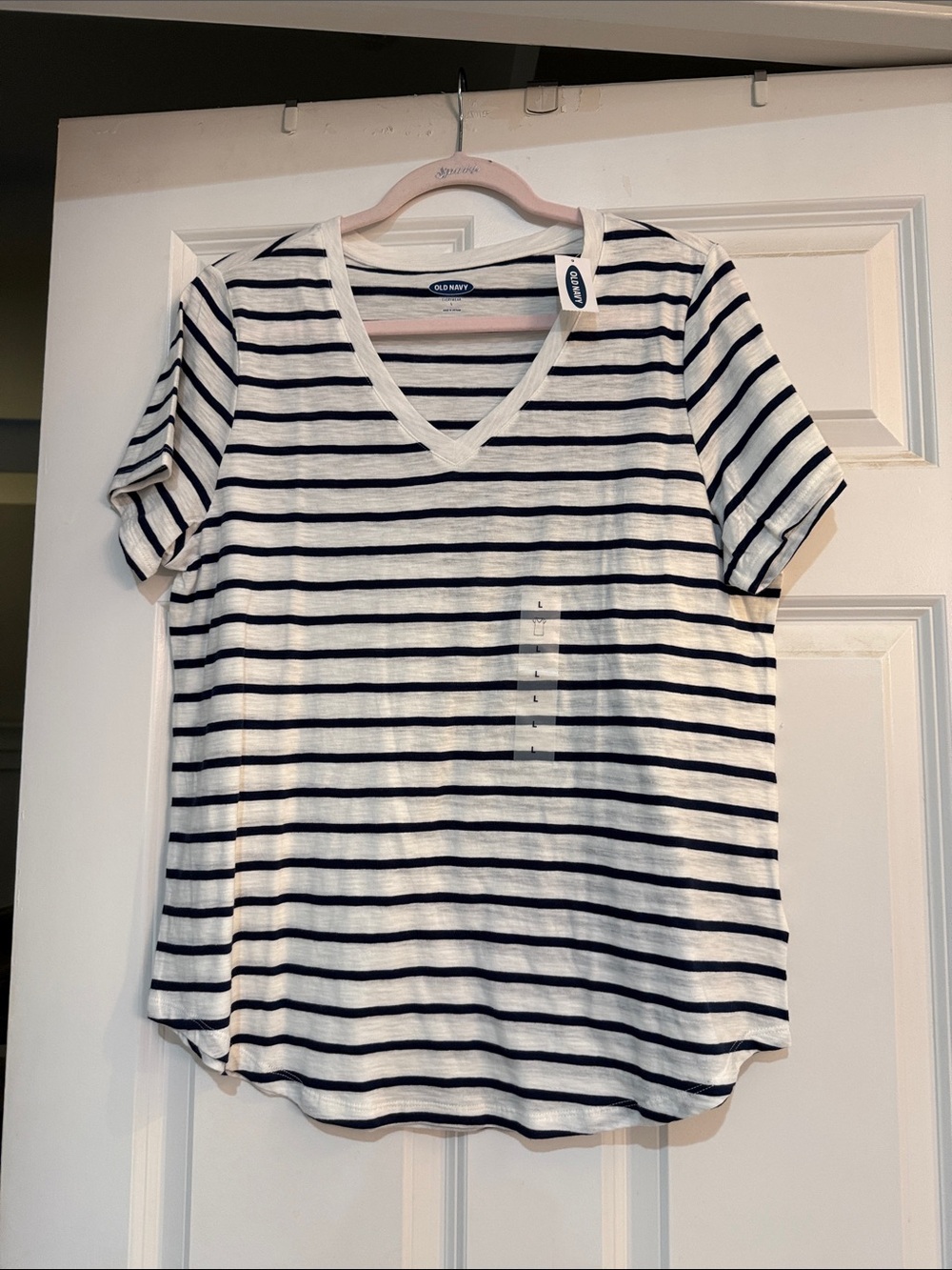 Old Navy White and Navy Striped V-Neck Short Sleeve Tee